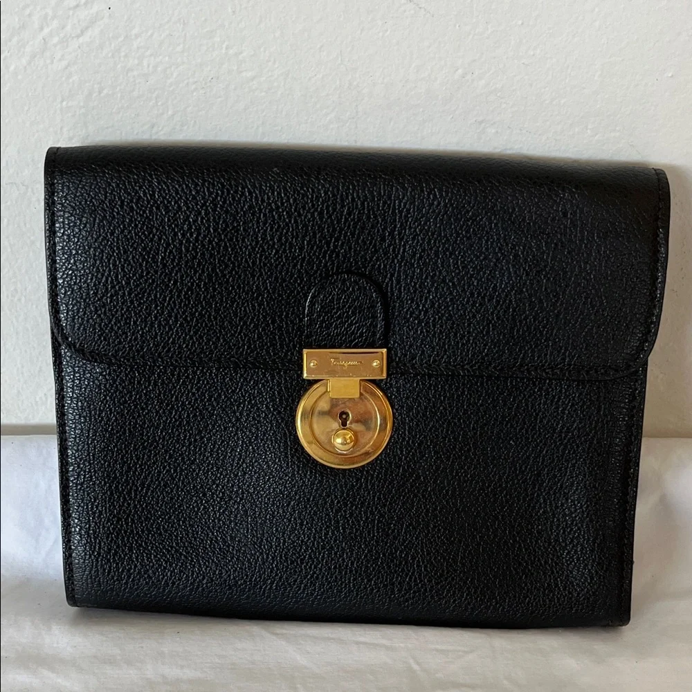 Ferragamo Vintage Black Leather Locking Portfolio/Wristlet Unisex